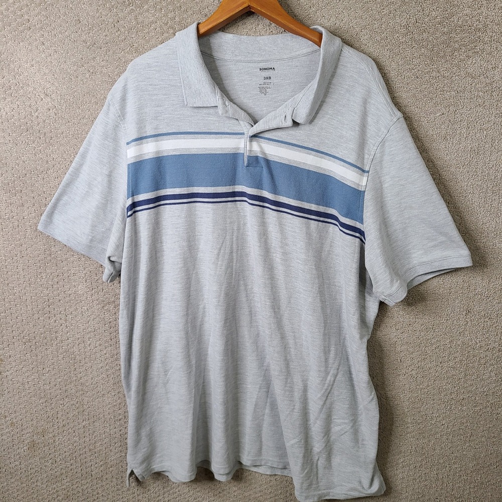 Sonoma Shirt‎ Mens 3XB Gray Blue Striped Polo Short Sleeve Cotton Blend Big Tall